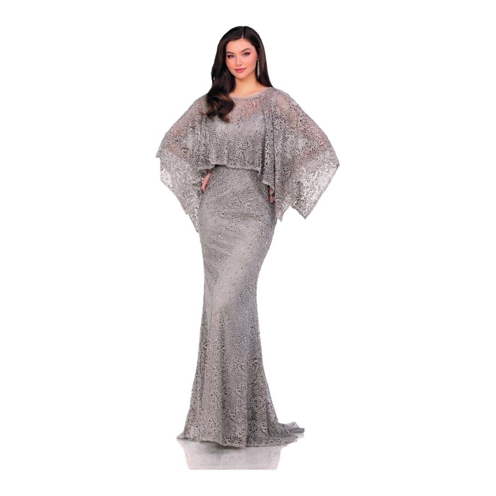 Lucci Lu Detachable Cape Lace Gown in Silver Grey NWT